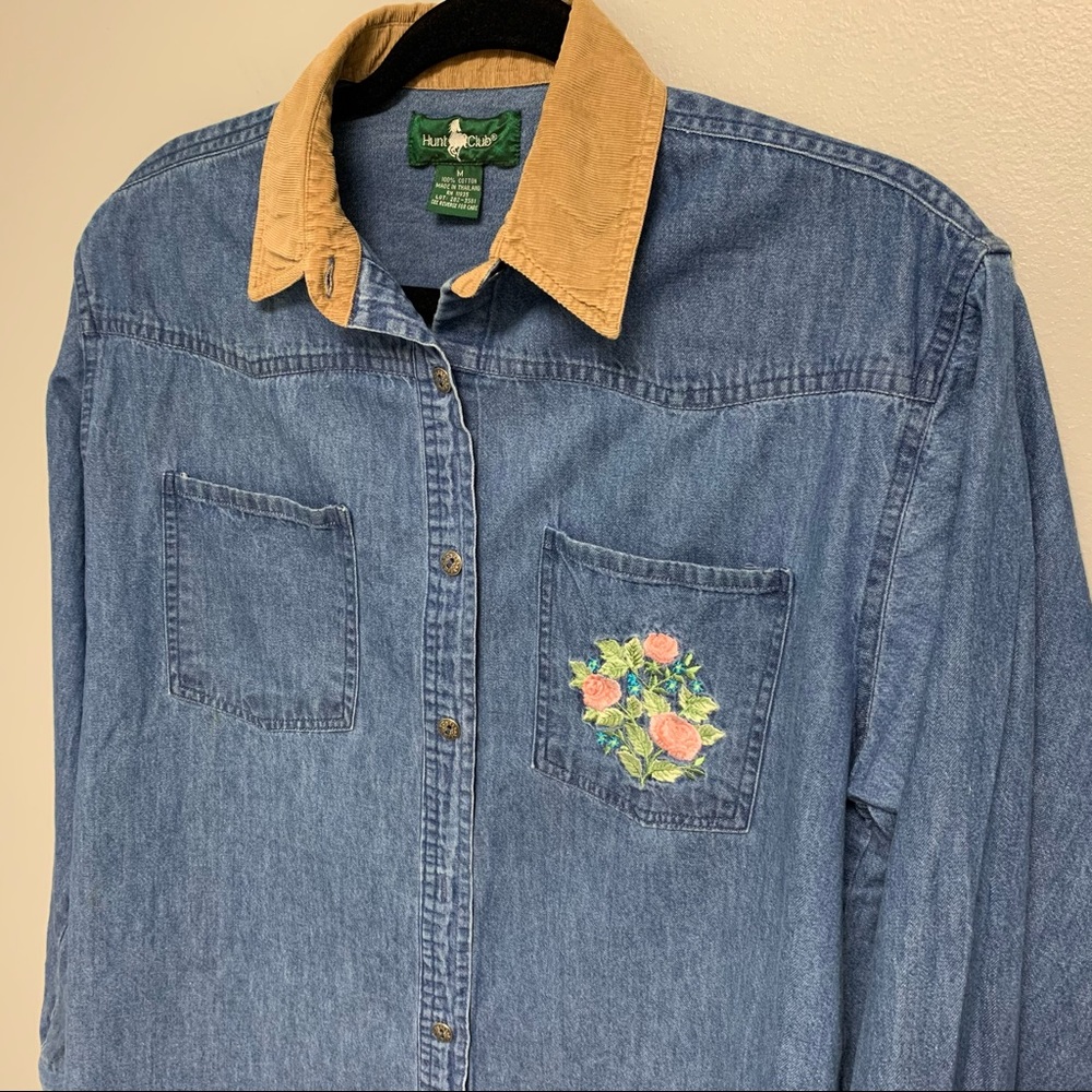 Vintage 90s Embroidered Denim Jean Button Down